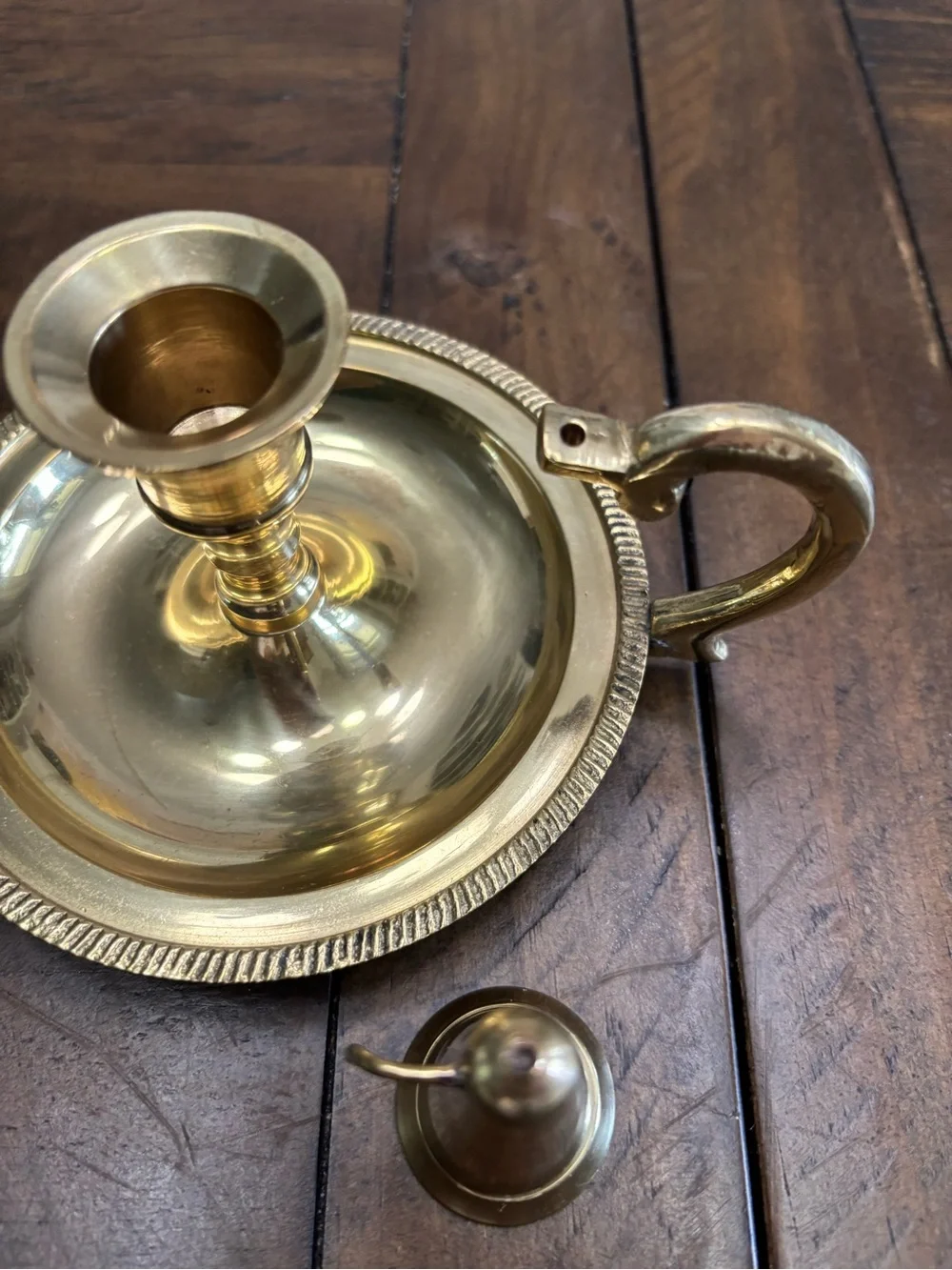 Vintage brass chamberstick candle holder with snuffer